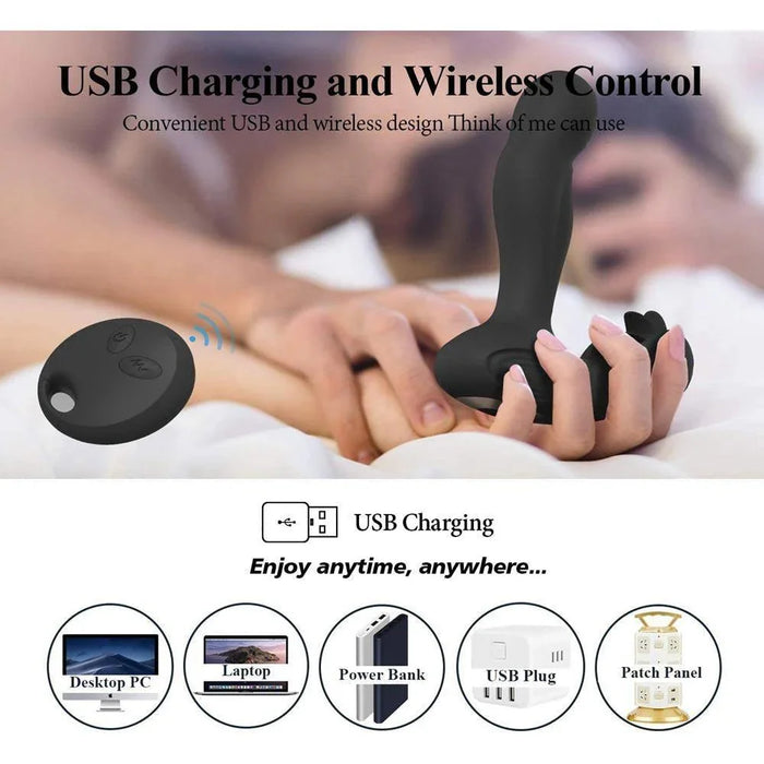 Wireless USB rechargeable prostate massager for men with remote control, held in hand