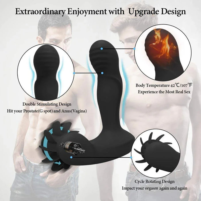 Black vibrating prostate massager with heating and rotating feature, shown with anatomical diagrams and product benefits.