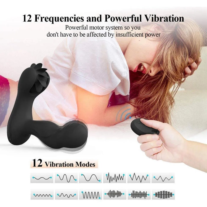 Black vibrating prostate massager with remote control, 12 vibration modes, and person in background.