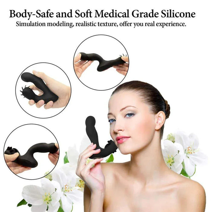 Woman holding black silicone prostate massager, product shown in close-up circles, floral backdrop