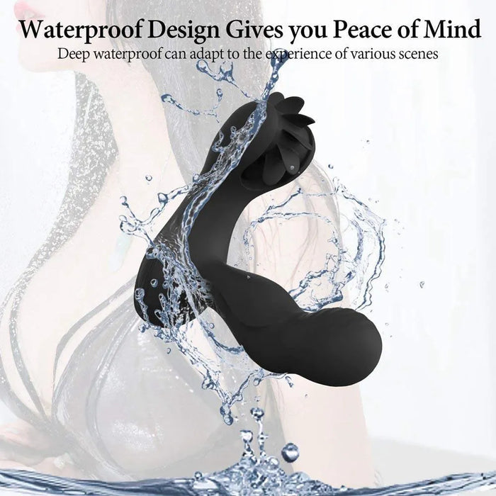 Black waterproof vibrating prostate massager for men splashed with water, with a sensual background.