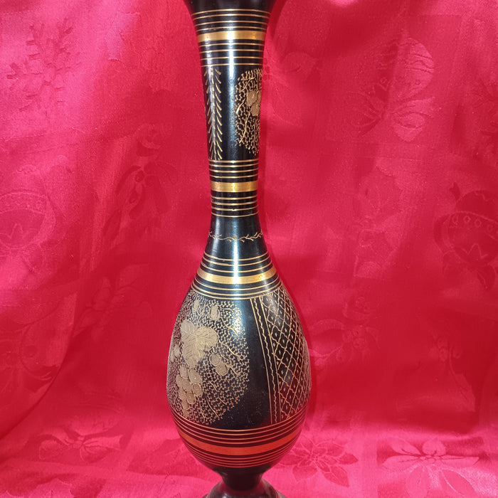 Vintage black & gold metal flower vase-Jantiques LLC.