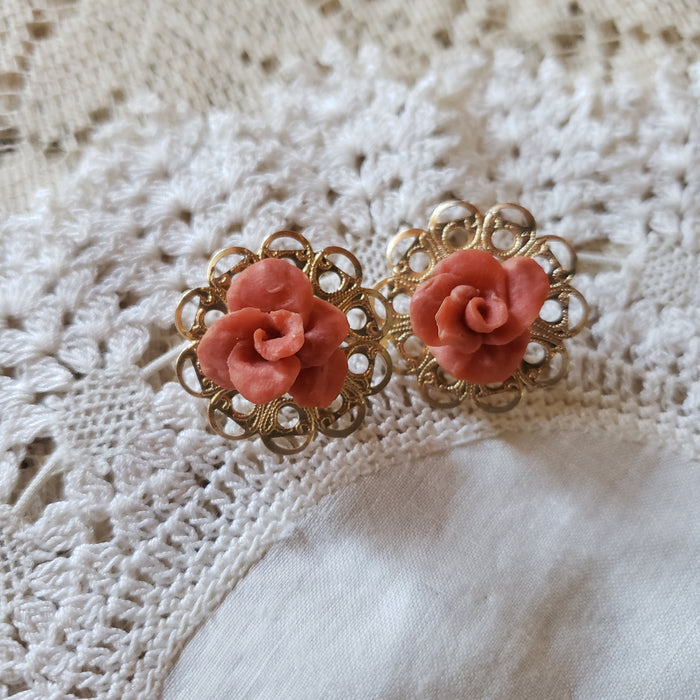 Vintage Brass & Clay Rose Earrings