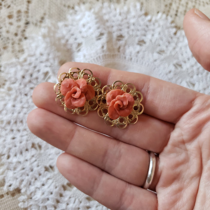 Vintage Brass & Clay Rose Earrings