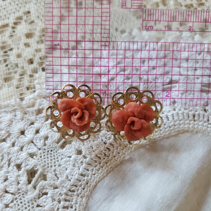 Vintage Brass & Clay Rose Earrings