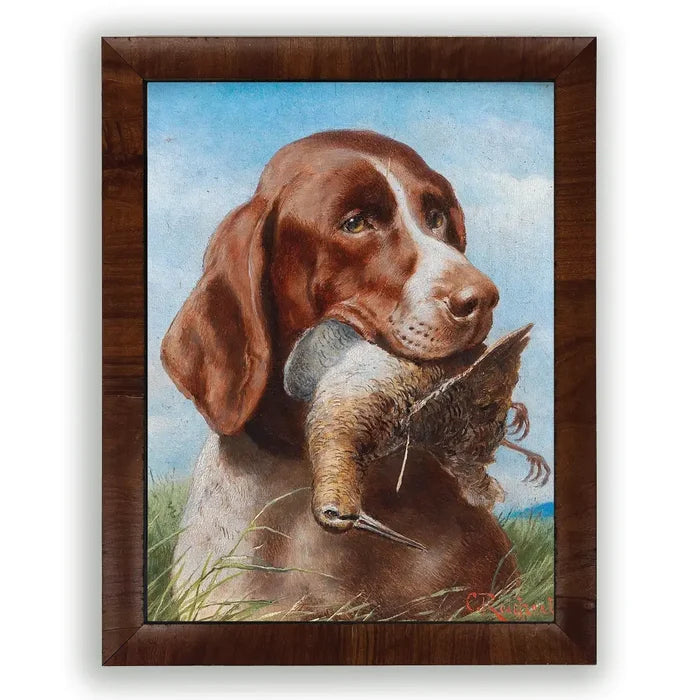 Vintage Oil Reproduction of A Hunting Dog with A Bird 8x10