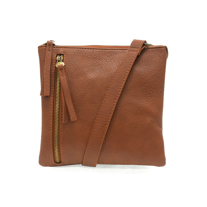 Brown leather crossbody bag with a gold zipper on a white background