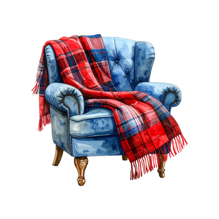 Rustic Strength - watercolor image of a plush blue armchair with a red-dominant plaid blanket draped over it, representing Warm Flannel scent