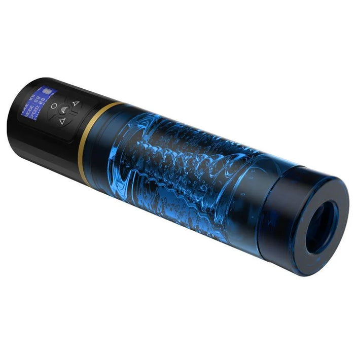 Electric male hydrotherapy pump with transparent blue chamber and digital control panel
