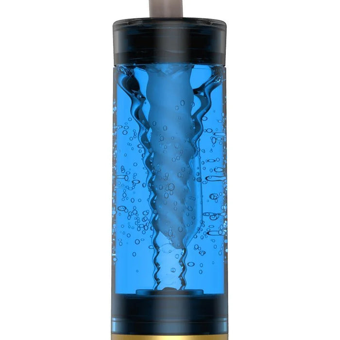 Close-up of a transparent hydrotherapy pump cylinder with swirling blue water and bubbles