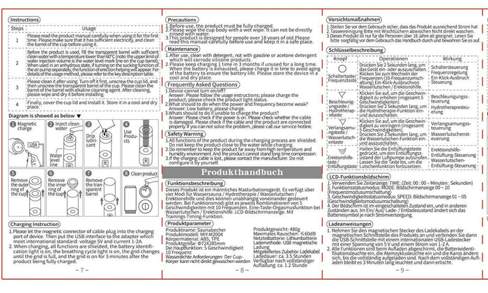 User manual showing instructions and diagrams for a male hydrotherapy pump device