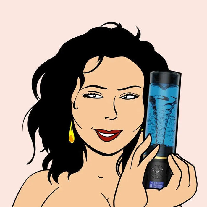 Cartoon woman holding a digital hydrotherapy pump with control buttons and swirling water.