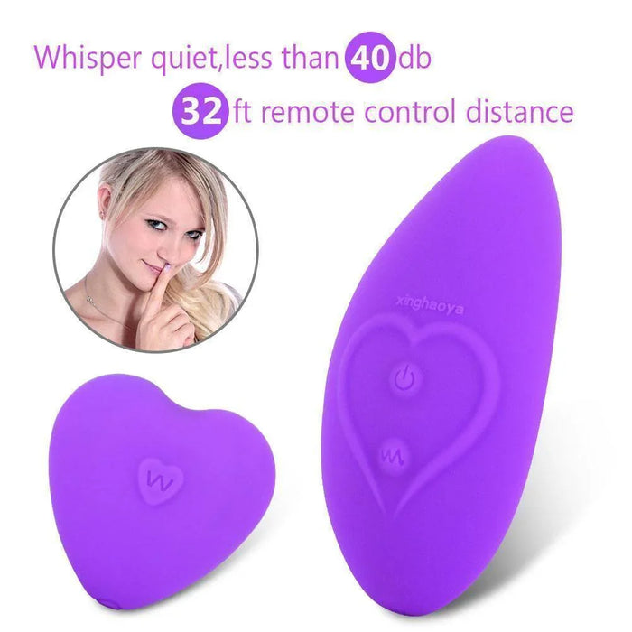 Purple wearable silicone remote control stimulator with heart design and whisper quiet feature.