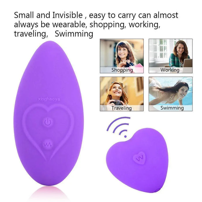 Purple wearable vibrator with heart design and remote, suitable for travel, work, swimming.