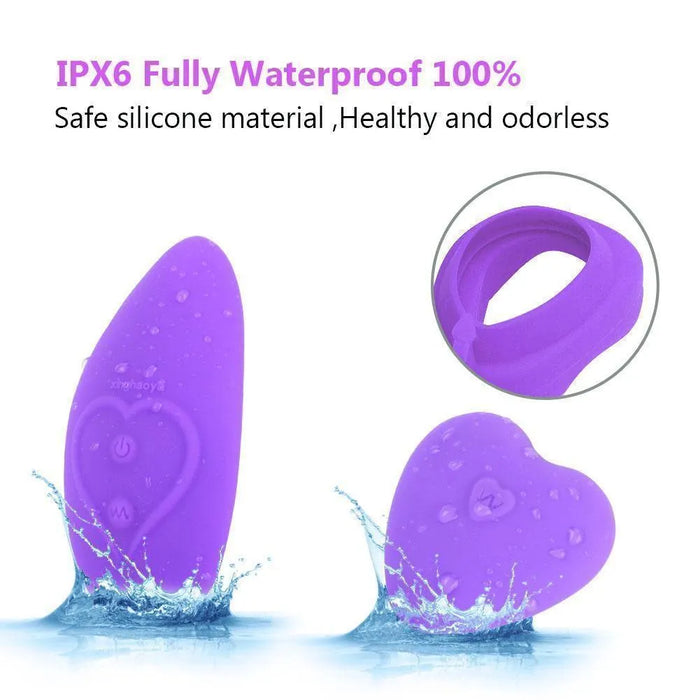 Purple waterproof wearable silicone vibrator with heart-shaped design and splash effect