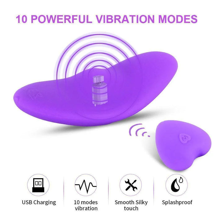 Purple wearable vibrator with remote, showing 10 vibration modes, USB charging, waterproof features.