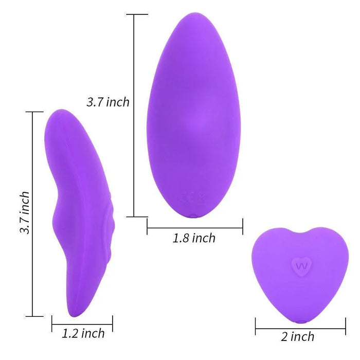Purple wearable vibrator and remote with size measurements, intimate toy for adults.