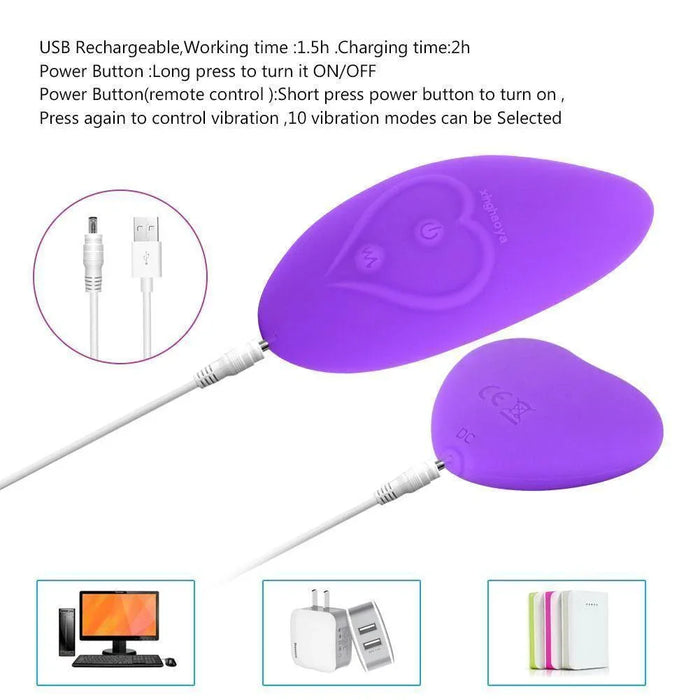 Purple wearable silicone vibrator with heart design, USB rechargeable, and 10 vibration modes