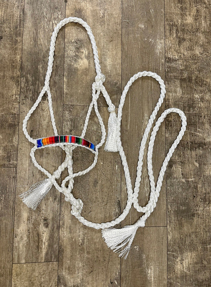 White serape Braided mule tape horse halter with flat noseband