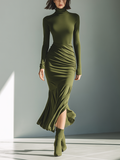 Women's Army Green Stretch Knit High Neck Pleated Slim Fit Maxi Dress MDA0556K1T