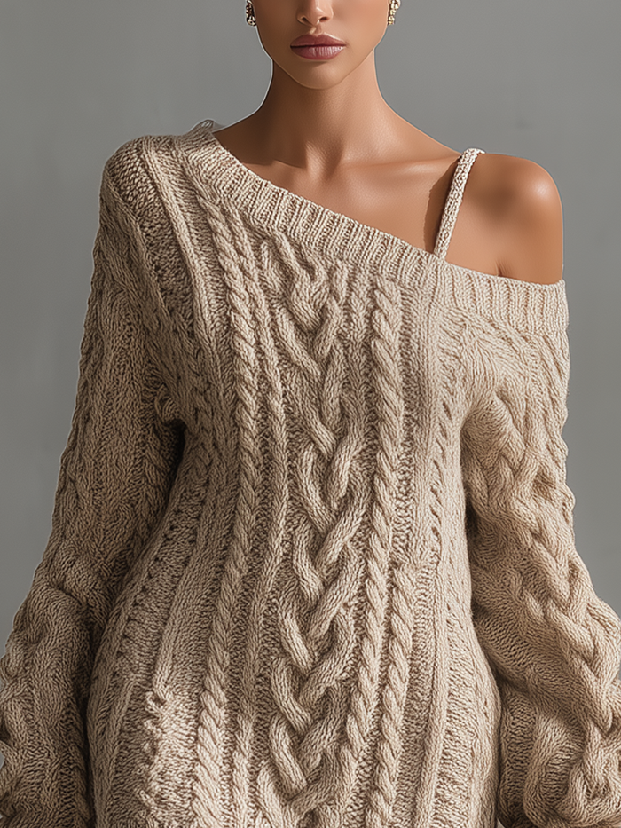 Women's Beige Cable Knit Off-the-Shoulder Fashion Mini Dress MDA1314J6T