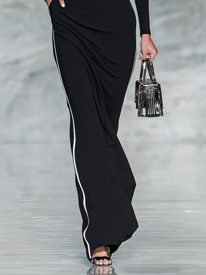 Women's Black And White Trim Square Neck Long Sleeve Tight Maxi Dress MDA1698G8Y