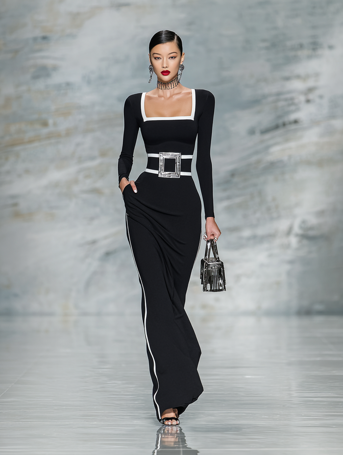Women's Black And White Trim Square Neck Long Sleeve Tight Maxi Dress MDA1698G8Y