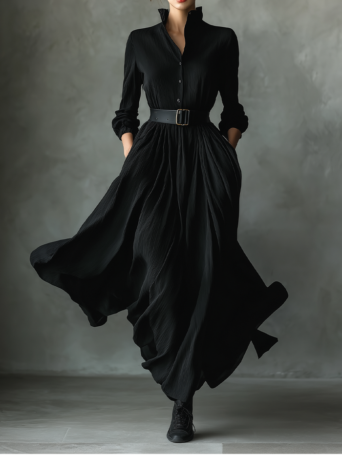 Women's Black Blend Textured Pleated Vintage Maxi Dress MDA0859H8T