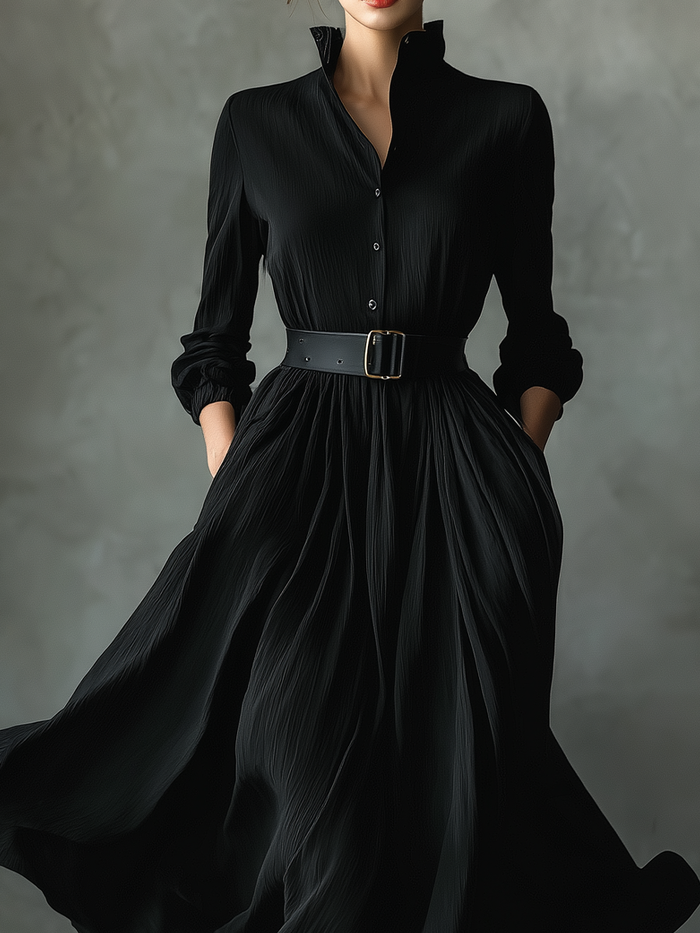 Women's Black Blend Textured Pleated Vintage Maxi Dress MDA0859H8T