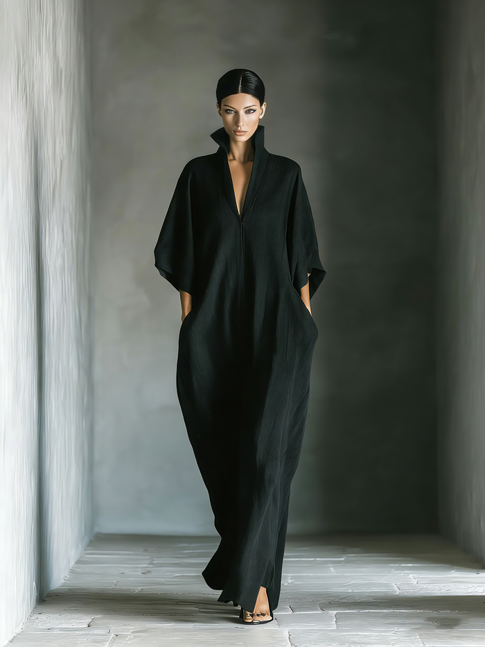 Women's Black Cotton Blend Fabric Oversized Kimono-Sleeve Maxi Dress With Pockets MDZ0577A3T