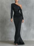 Women's Black Elegant Satin One - Shoulder Ruched Mermaid Maxi Dress MDA2278I0I