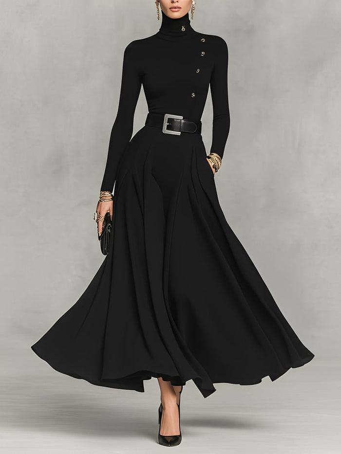 Women's Black Knit Elegant High Neck Button Detail Maxi Dress MDA1183K0I