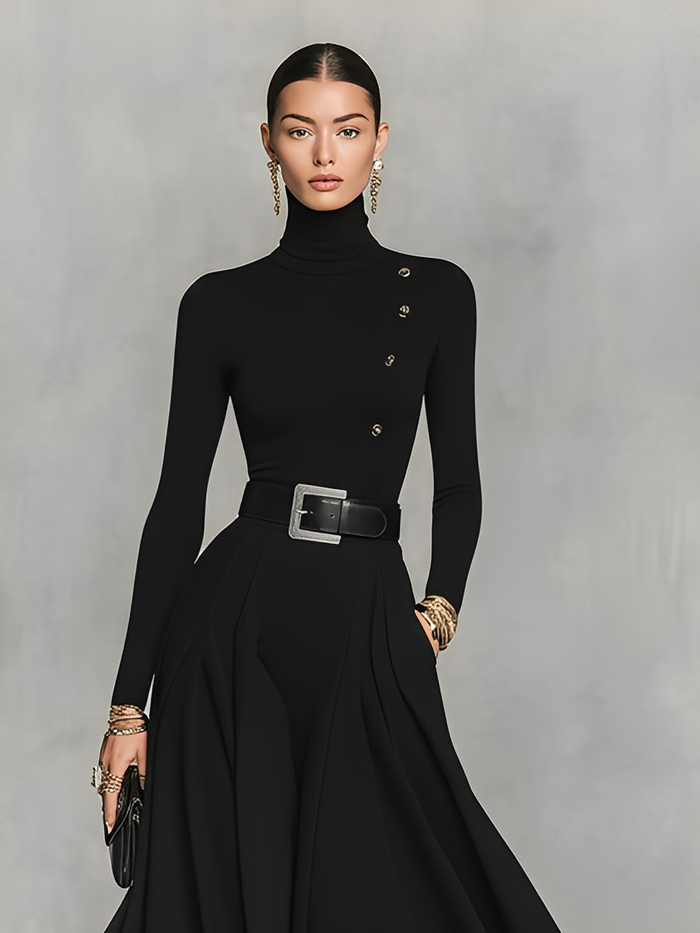 Women's Black Knit Elegant High Neck Button Detail Maxi Dress MDA1183K0I