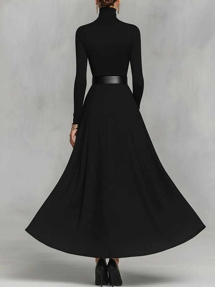 Women's Black Knit Elegant High Neck Button Detail Maxi Dress MDA1183K0I