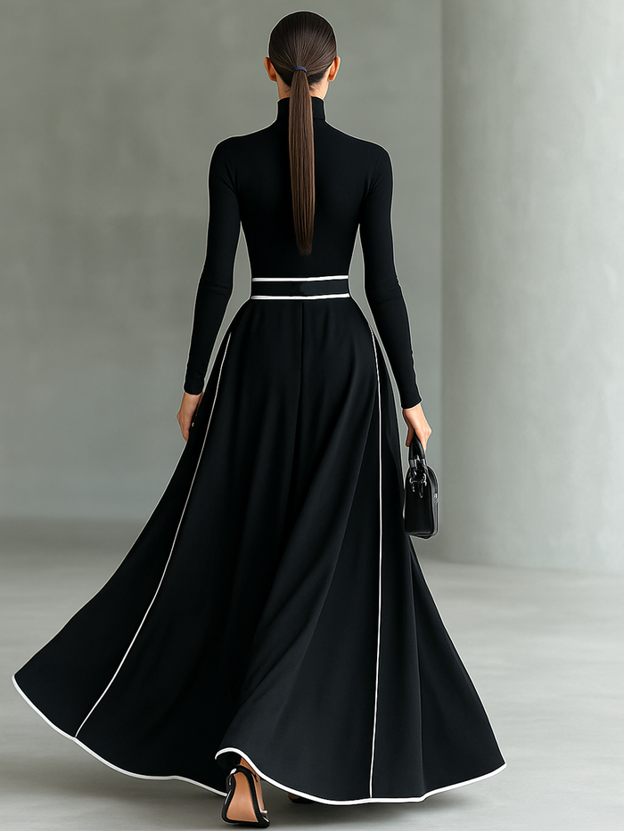 Women's Black Stitching White Trim High Collar Long Sleeve Tight Belt Maxi Dress MDA1031G0Y