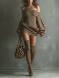 Women's Brown Off-shoulder Knit Mini Dress MDA1376K0T