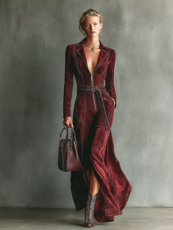 Women's Burgundy Retro Faux Suede Color-Contrast Maxi Dress MDA1321J3T