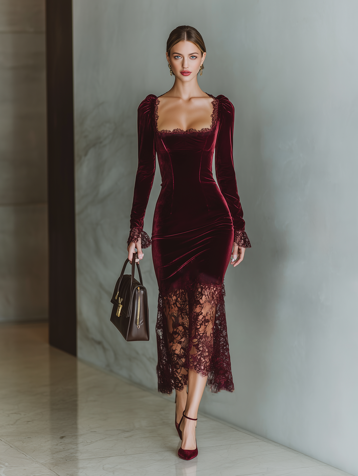 Women's Burgundy Velvet Lace Fitted Maxi Dress MDA1190J4T