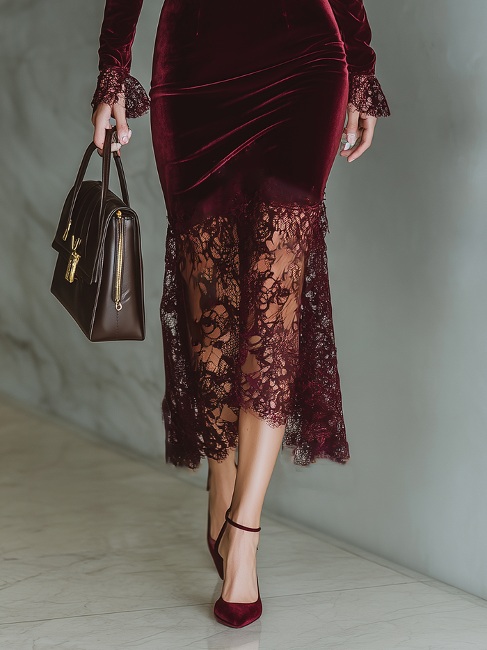 Women's Burgundy Velvet Lace Fitted Maxi Dress MDA1190J4T