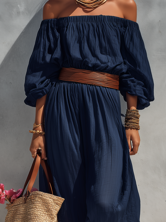 Women's Casual Dark Blue Cotton Linen Strapless Long-sleeved Dress (belt Not Included) MDZ1281C1AN