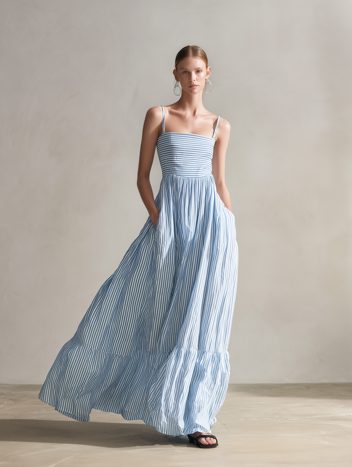 Women's Casual Light Blue Striped Woven Sleeveless Spaghetti-Strap Maxi Dress MDZ1634D5LXY