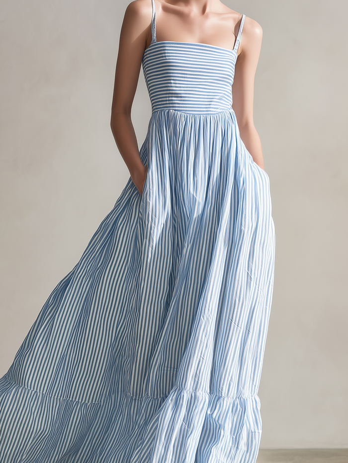 Women's Casual Light Blue Striped Woven Sleeveless Spaghetti-Strap Maxi Dress MDZ1634D5LXY