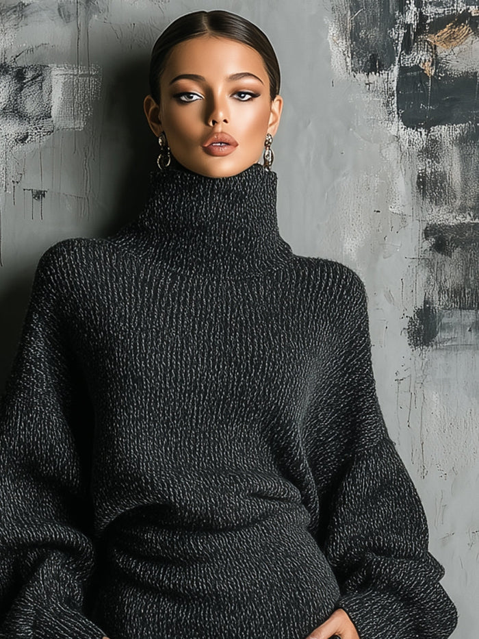 Women's Charcoal Chic Knit Turtleneck Oversized Knit Midi Dress MDA1624J6I