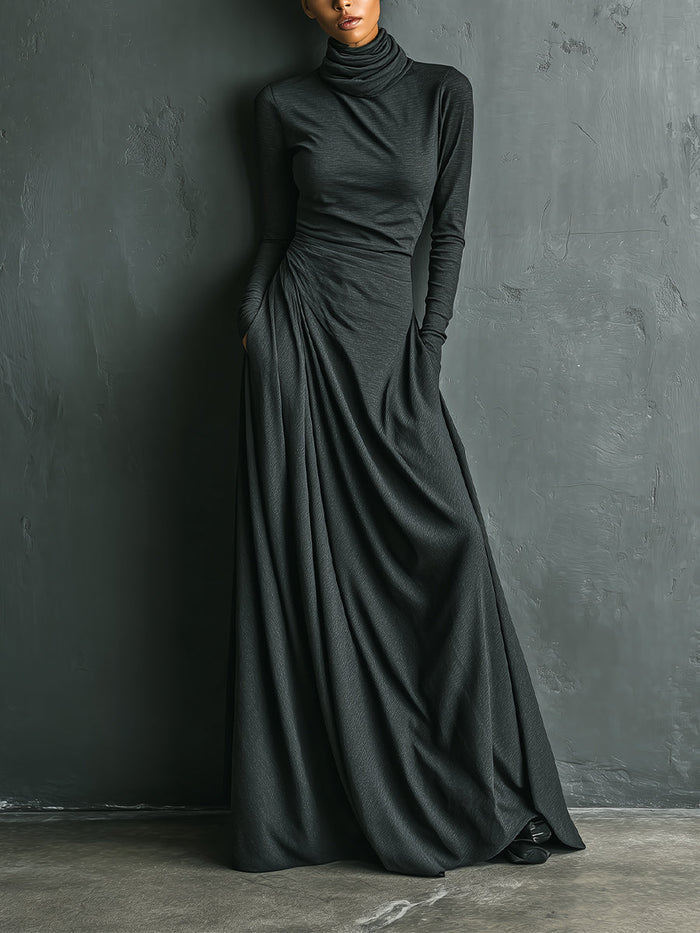 Women's Charcoal Elegant Stretch Polyester-Cotton Blend Turtleneck Draped Maxi Dress MDA1727J1I