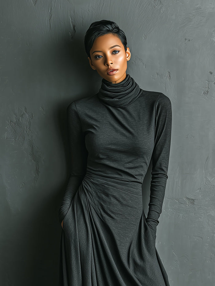 Women's Charcoal Elegant Stretch Polyester-Cotton Blend Turtleneck Draped Maxi Dress MDA1727J1I