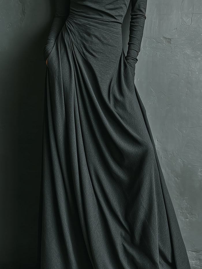 Women's Charcoal Elegant Stretch Polyester-Cotton Blend Turtleneck Draped Maxi Dress MDA1727J1I