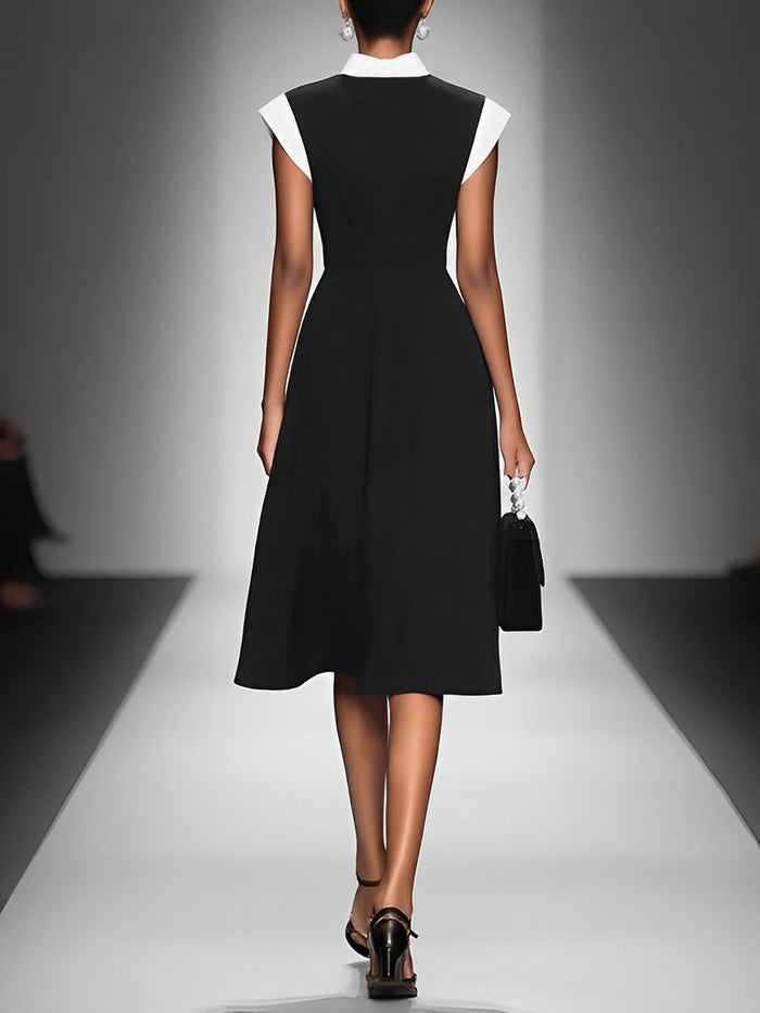 Women's Colorblock Square Neck Cap Shoulder Sleeve Waist Midi Dress MDA2447F4Y
