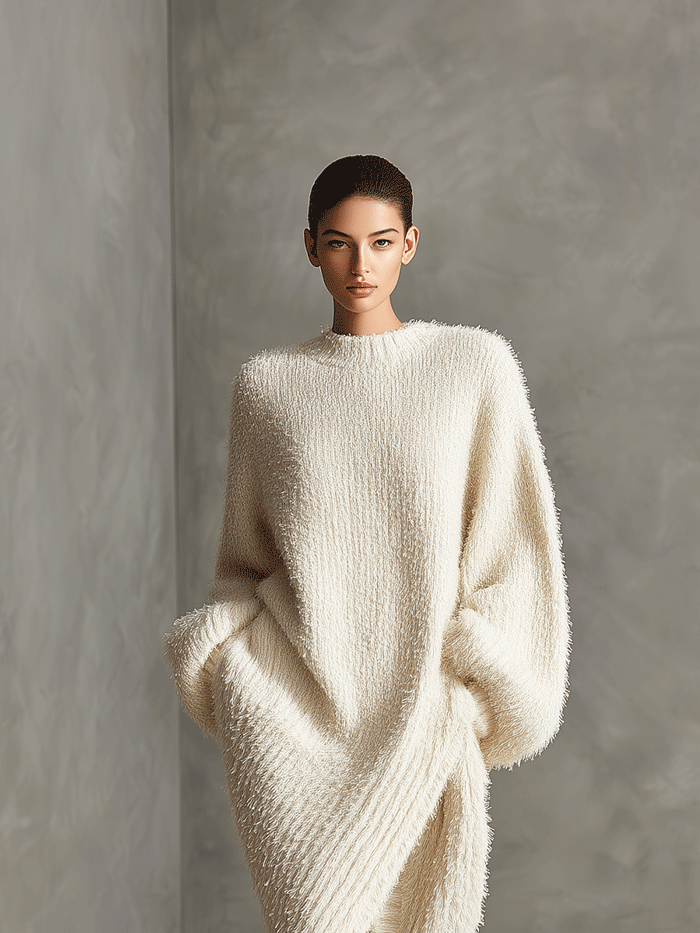 Women's Cream Elegant Faux Mink Knit Asymmetric Slit Midi Dress MDA0245I2I