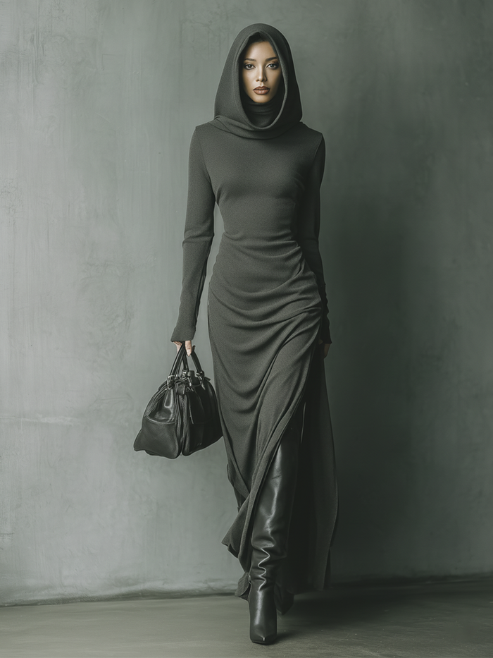 Women's Dark Grey High Elastic Knitted Hooded Maxi Dress MDA1303J1T