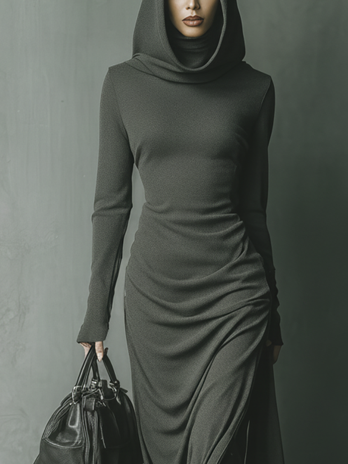 Women's Dark Grey High Elastic Knitted Hooded Maxi Dress MDA1303J1T